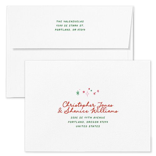 Whimsical Painted Holiday Border Holiday Card Envelopes White Scarlet Both Recipient and Return Addresses Standard Signature