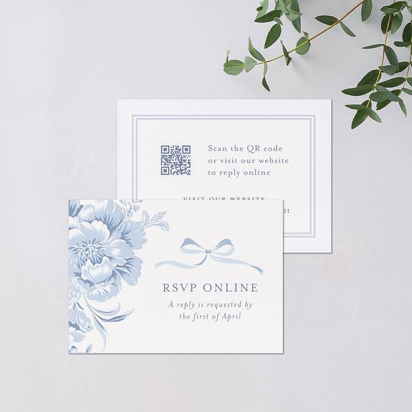 Vintage French Floral Toile QR Code RSVP Cards Dusty Blue Signature Standard