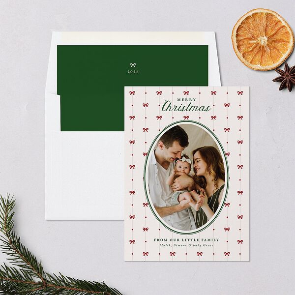 Christmas Bow Pattern Holiday Cards Jewel Red Signature Blank Standard Portrait