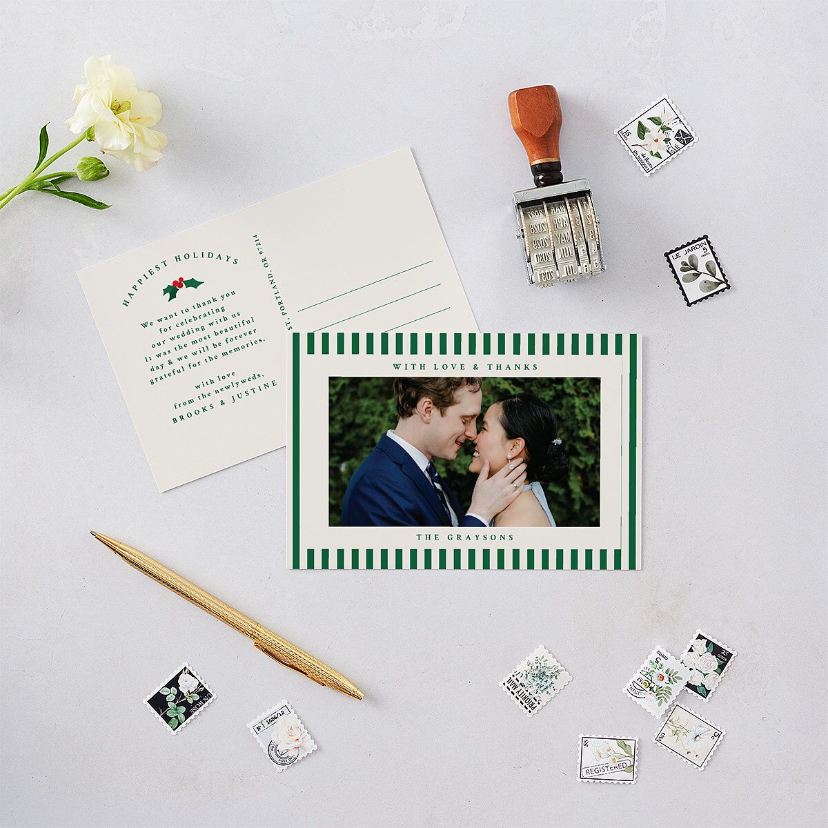 Classic Holiday Stripes Thank You Postcards Jewel Green