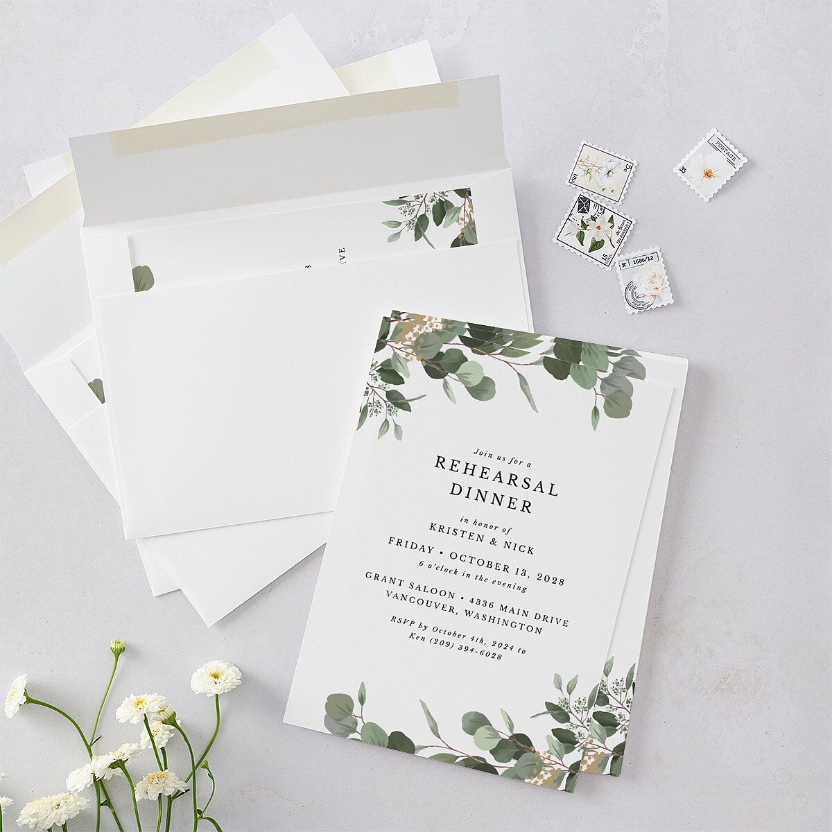 Eucalyptus Frame Rehearsal Dinner Invitations Pure White Signature Blank Standard