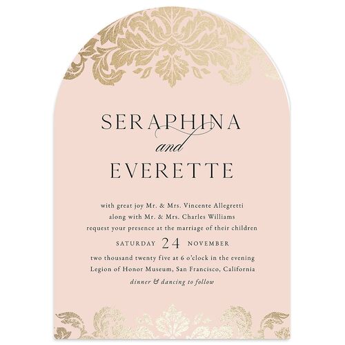 Elegant Damask Wedding Invitations Gold Shell Pink Signature Blank No Arch