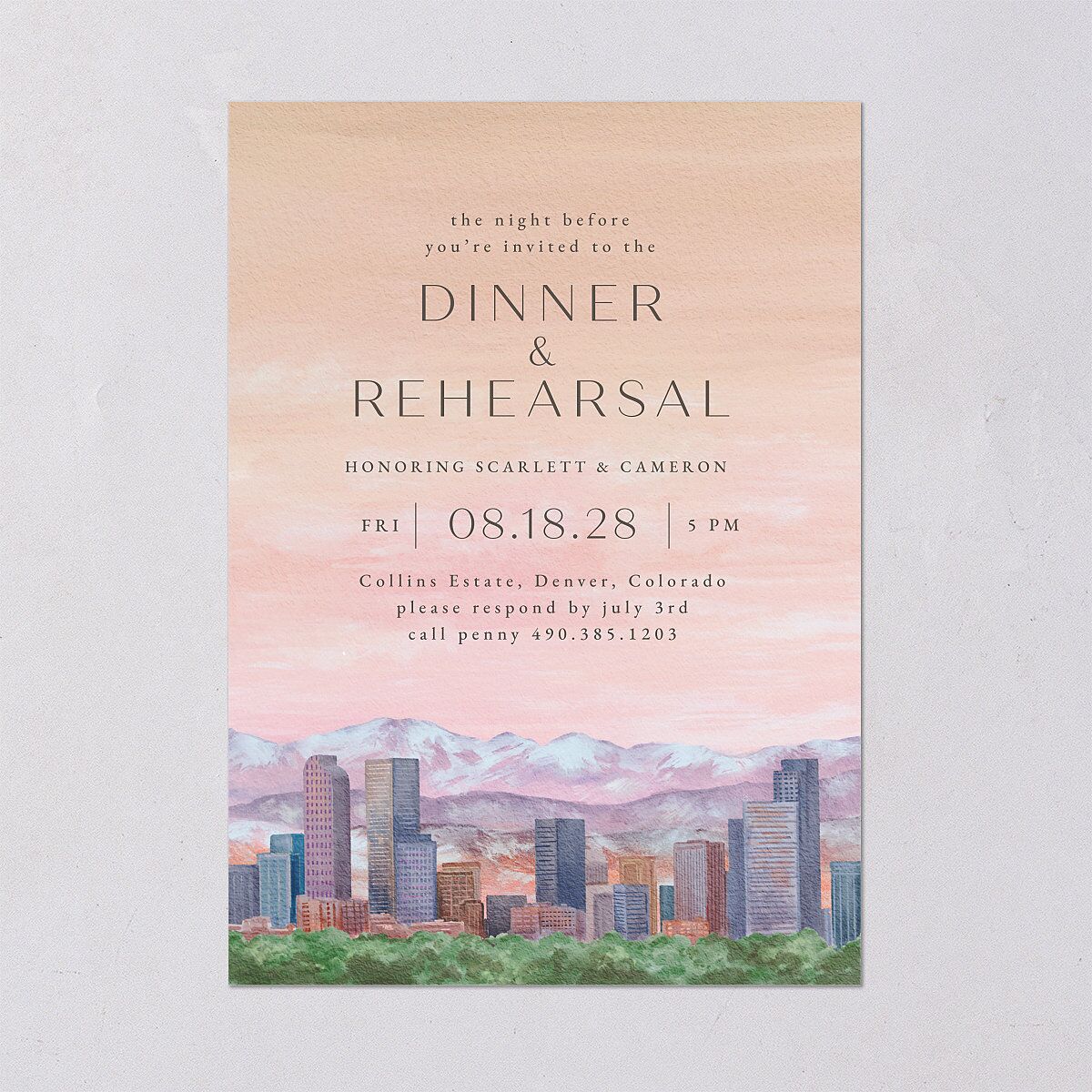 Scenic Denver Colorado Rehearsal Dinner Invitations Peach Pink Signature Blank