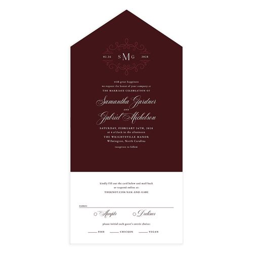 Monogram Flourish Foil All-in-One Wedding Invitations Burgundy Signature Light Both Recipient and Return Addresses No