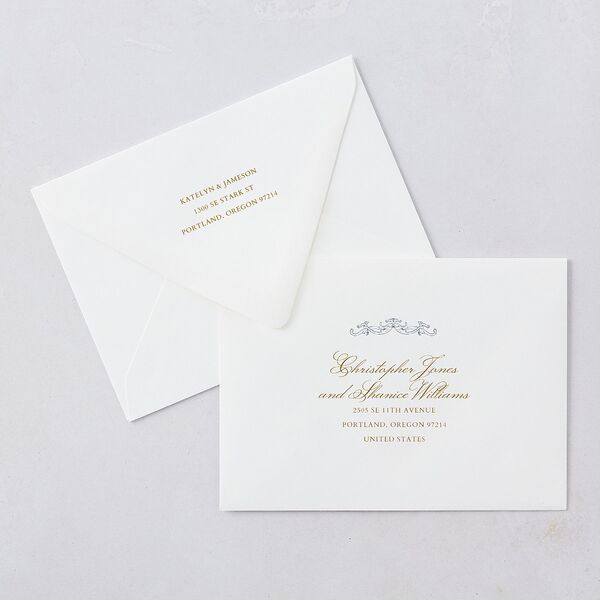 Romantic Rococo Wedding Invitation Euro Envelopes White Dusty Blue Both Recipient and Return Addresses Luxe Signature