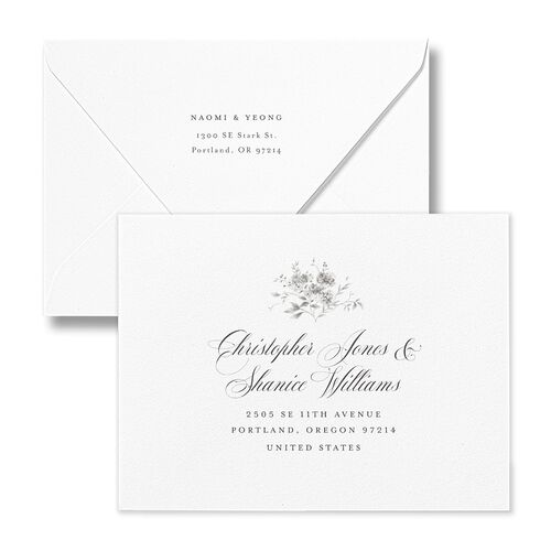 Vintage Florals Thank You Card Euro Envelopes White Medieval Grey Both Recipient and Return Addresses Luxe Signature