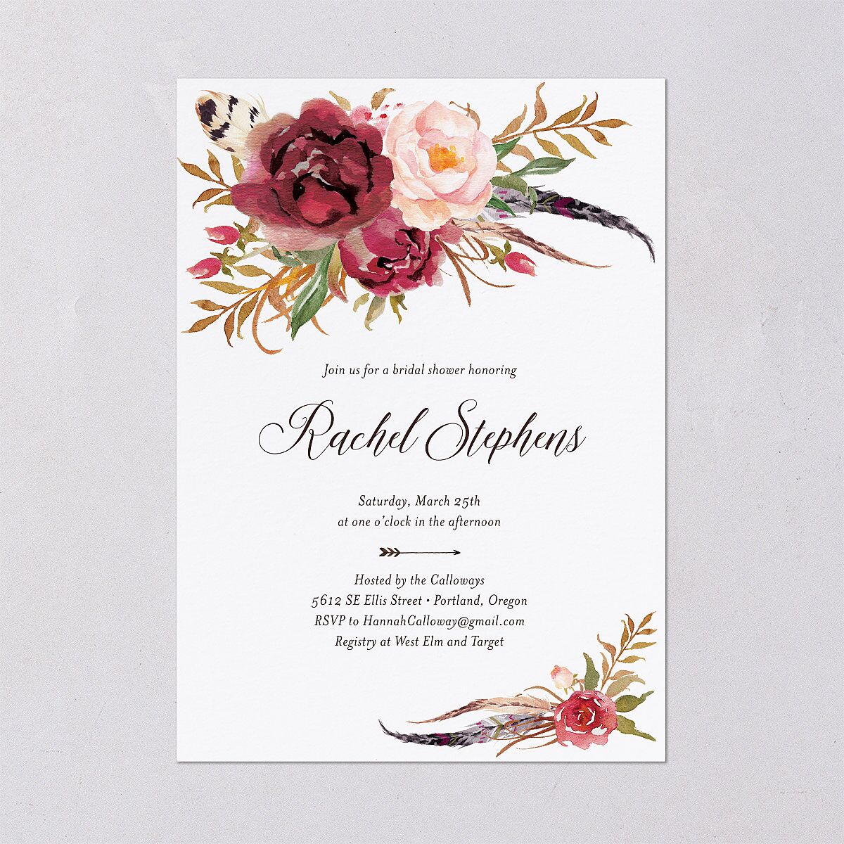 Bohemian Floral Bridal Shower Invitations Merlot Signature Blank Standard