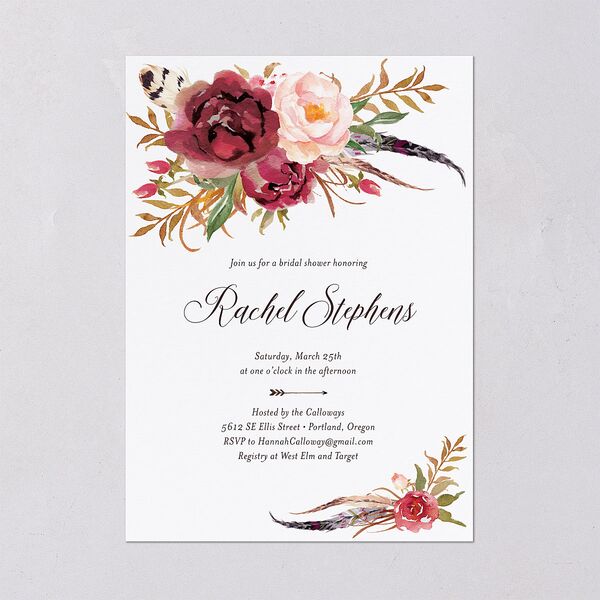 Bohemian Floral Bridal Shower Invitations Merlot Signature Blank Standard
