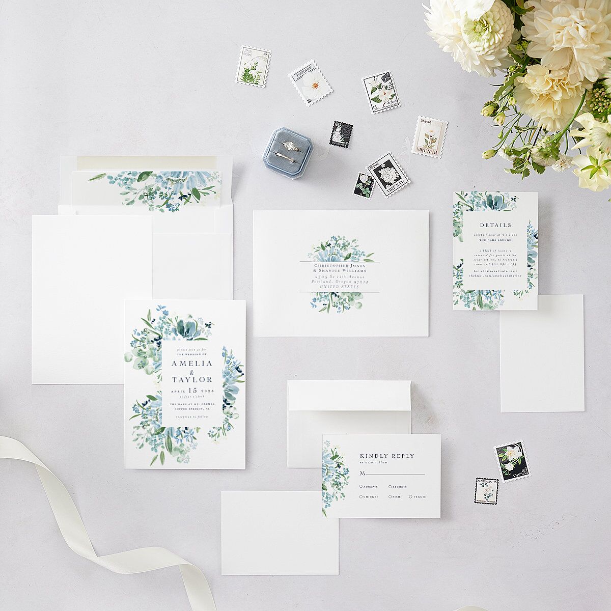 In Bloom Wedding Invitations Moody Blue Signature Blank No Standard
