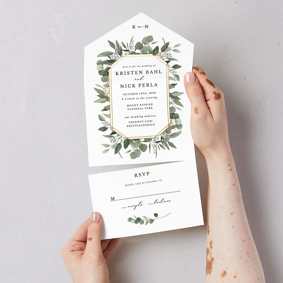 Eucalyptus Frame All-in-One Wedding Invitations Pure White Signature Light Both Recipient and Return Addresses No