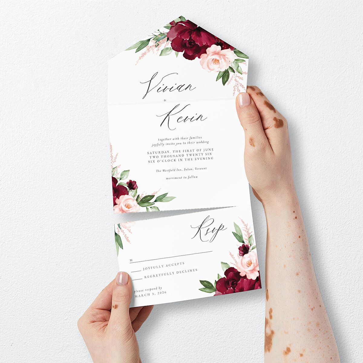 Beloved Floral All-in-One Wedding Invitations Dark Berry Signature Light Both Recipient and Return Addresses No