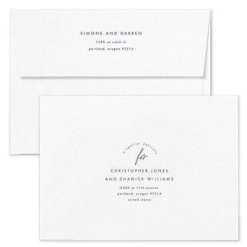 Arched Photo Wedding Invitation Envelopes White Moody Blue Both Recipient and Return Addresses Standard Signature