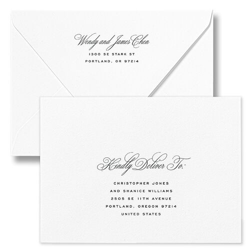 Classic Joyful Greeting Holiday Card Euro Envelopes White Hunter Green Both Recipient and Return Addresses Luxe Signature