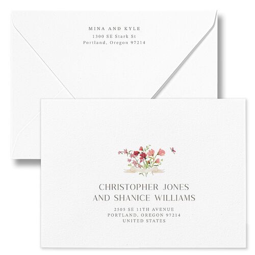 Fairytale Wildflower Crest Bridal Shower Invitation Euro Envelopes White Jewel Red Both Recipient and Return Addresses Luxe Signature