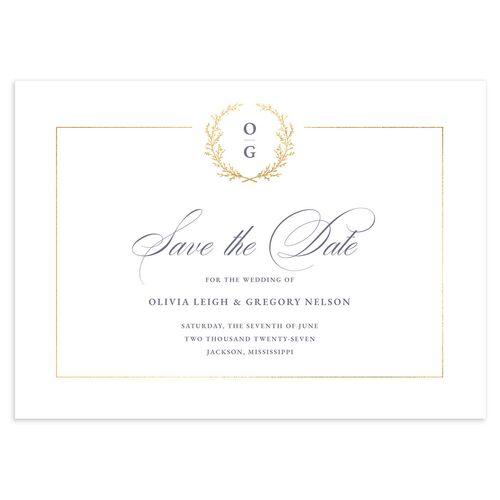 Gilded Wreath Save the Date Cards Gold Dusty Blue Signature smooth Blank No Standard