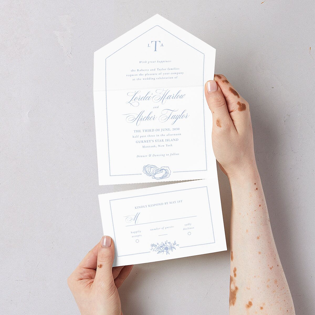 Coastal Oysters and Anchors All-in-One Wedding Invitations Sea Blue Signature Light Both Recipient and Return Addresses No