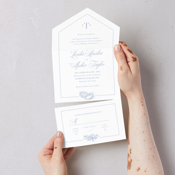 Coastal Oysters and Anchors All-in-One Wedding Invitations Sea Blue Signature Light Both Recipient and Return Addresses No