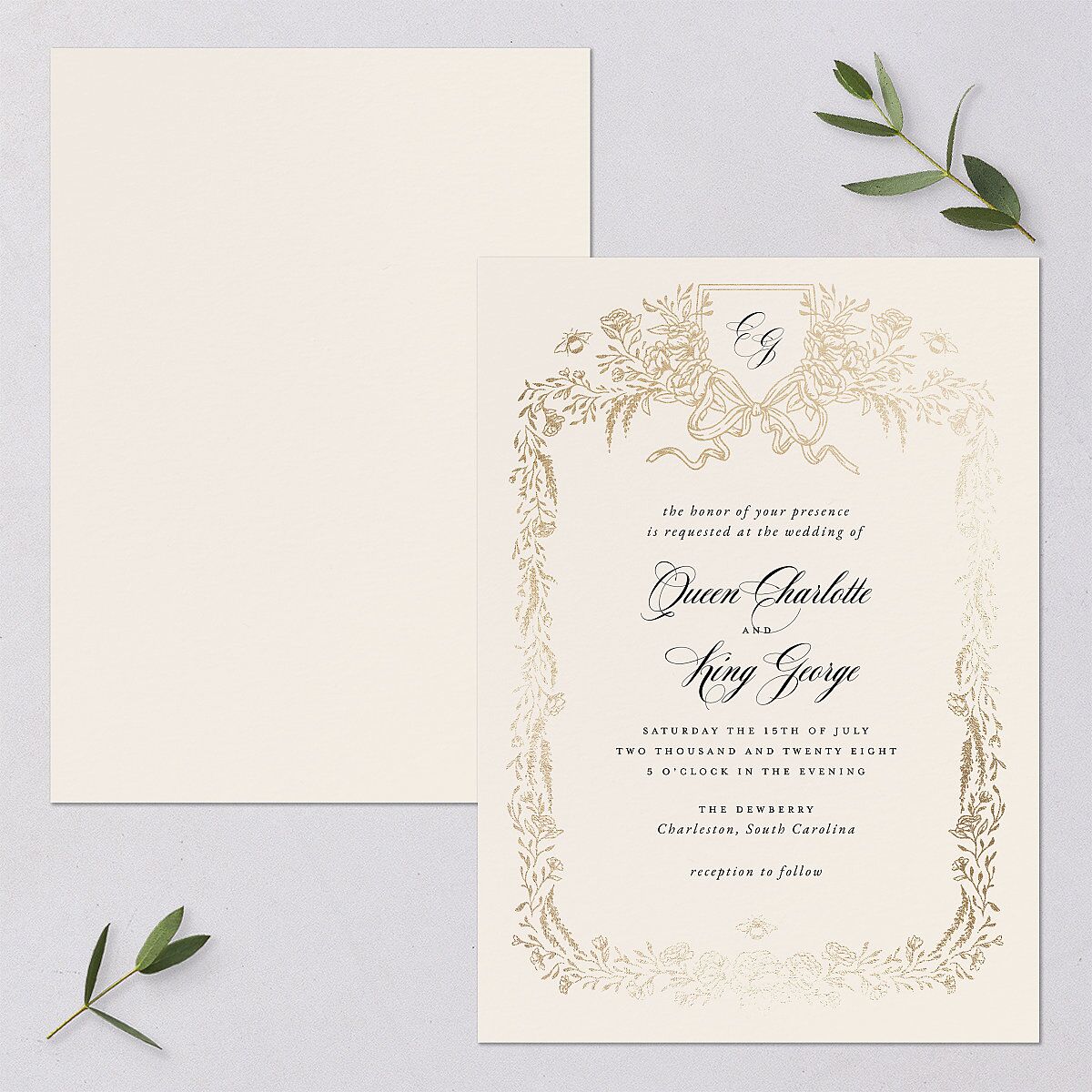 Rose Garden Crest Wedding Invitations by Bridgerton Gold Taupe Signature Blank No Standard
