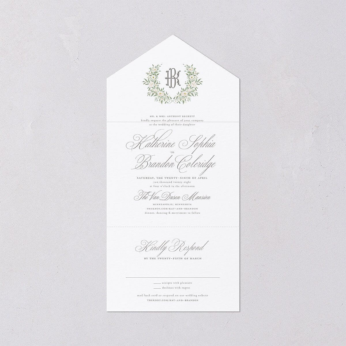 Luxury Floral Monogram All-in-One Wedding Invitations Cotton Signature Light Both Recipient and Return Addresses No