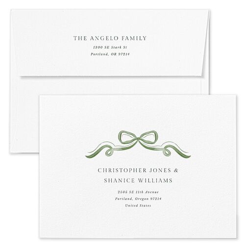 Baby's First Christmas Bow Garland Holiday Card Envelopes Blue Scottish Green Both Recipient and Return Addresses Standard Signature