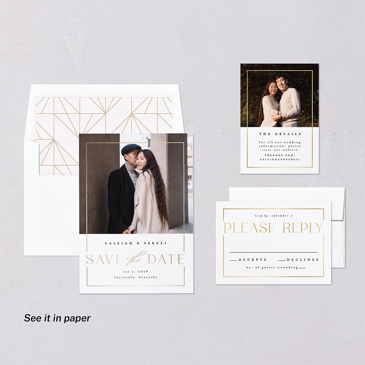 Elegant Frame Digital Save the Date Cards Gold Pure White Dusty Blue Lets Celebrate Standard