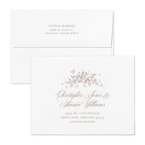Rose Crest Photo Save the Date Petite Card Envelopes Dusty Rose White Both Recipient and Return Addresses Signature Standard