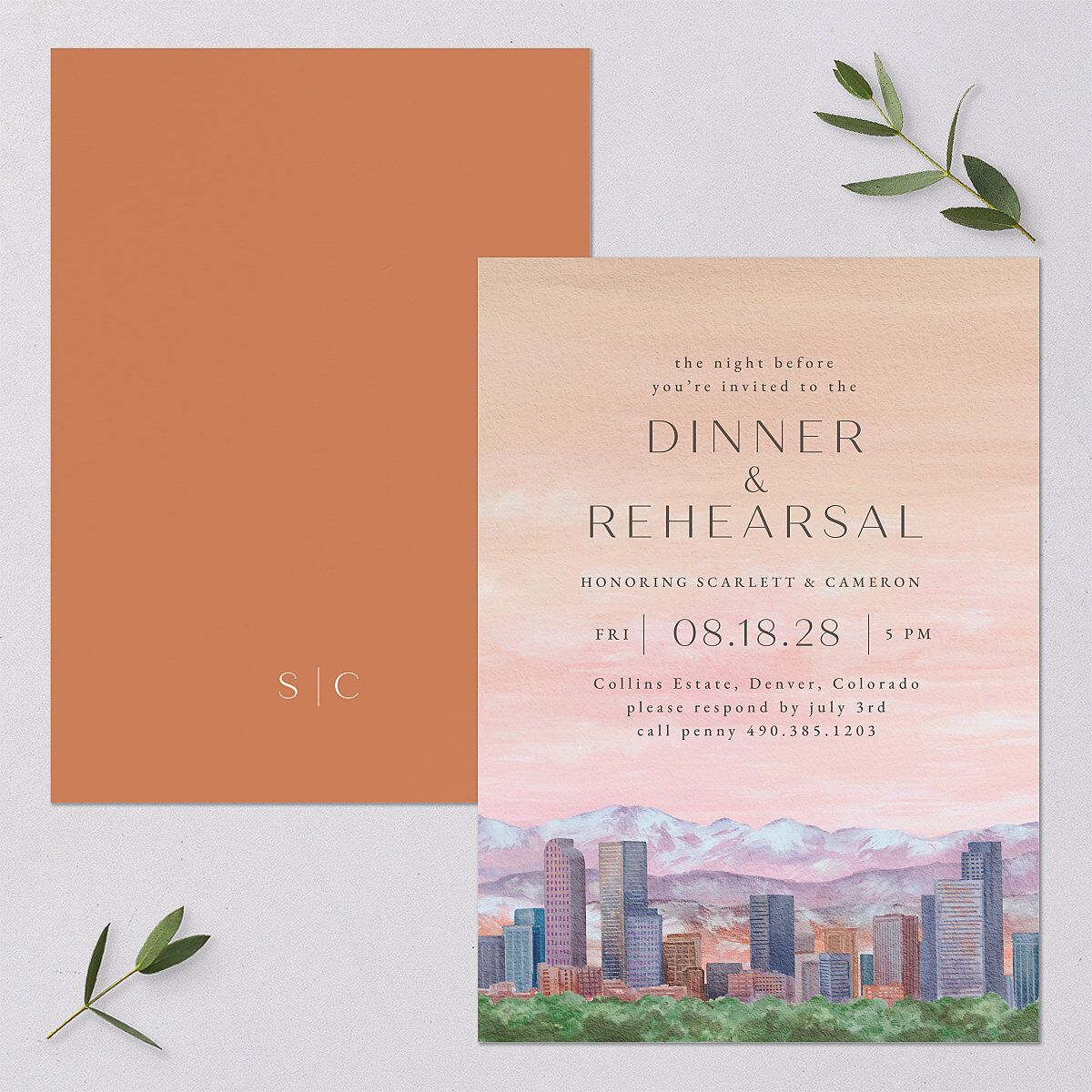 Scenic Denver Colorado Rehearsal Dinner Invitations Peach Pink Signature Blank