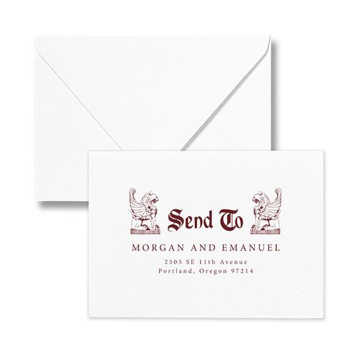 Gothic Medieval Arch Response Card Euro Envelopes White Burgundy Return Address Luxe