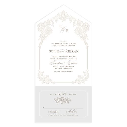 Love Story Lace All-in-One Wedding Invitations Pure White Signature Light Both Recipient and Return Addresses No