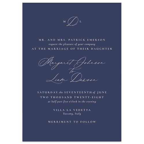 Black Tie Initial Wedding Invitations Navy Signature Blank No Standard