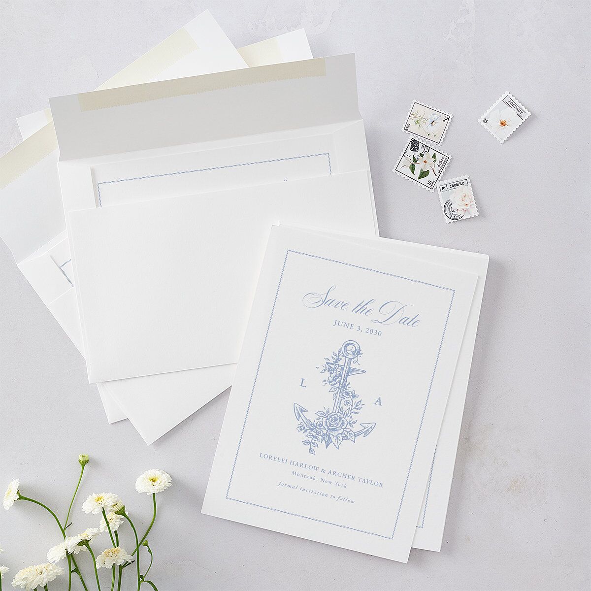Coastal Oysters and Anchors Save the Date Cards Sea Blue Signature smooth Blank No Standard
