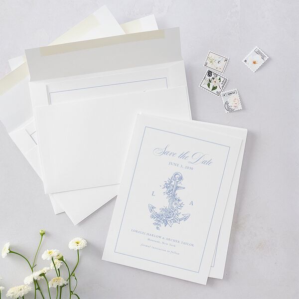 Coastal Oysters and Anchors Save the Date Cards Sea Blue Signature smooth Blank No Standard