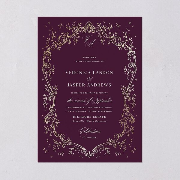 Formal Opulent Frame Wedding Invitations Bordeaux Gold No Signature Blank