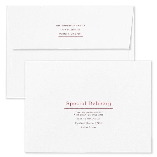 Merry and Bright Plus One Plaid Pattern Holiday Card Envelopes White Burgundy Both Recipient and Return Addresses Standard Signature