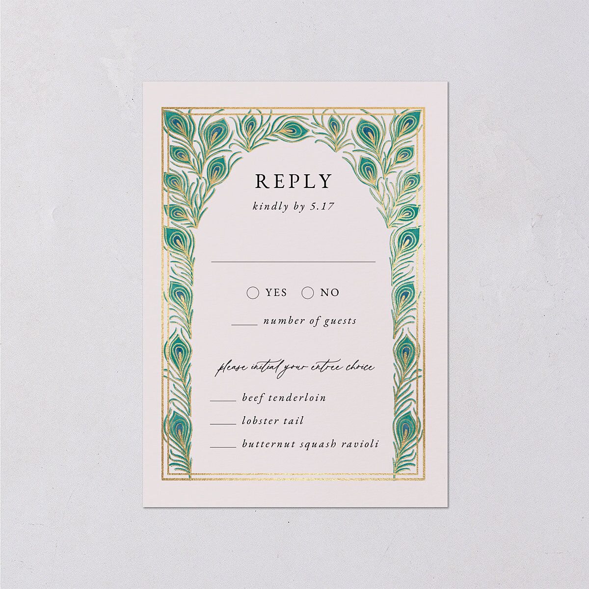 Peacock Nouveau Wedding Response Cards Gold Linen Signature Standard