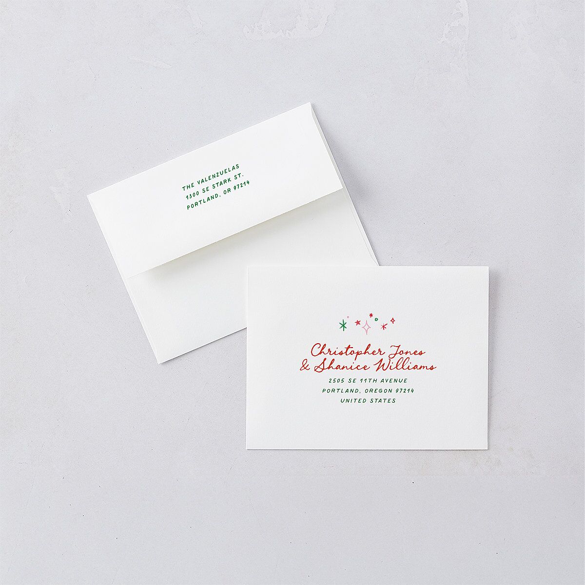 Whimsical Painted Holiday Border Thank You Card Envelopes White Scarlet Both Recipient and Return Addresses Signature Standard