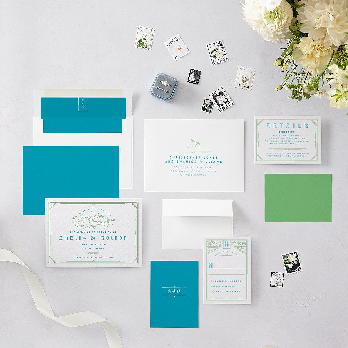 Iconic Beach Save the Date Cards Green Apple Signature smooth Blank No Standard