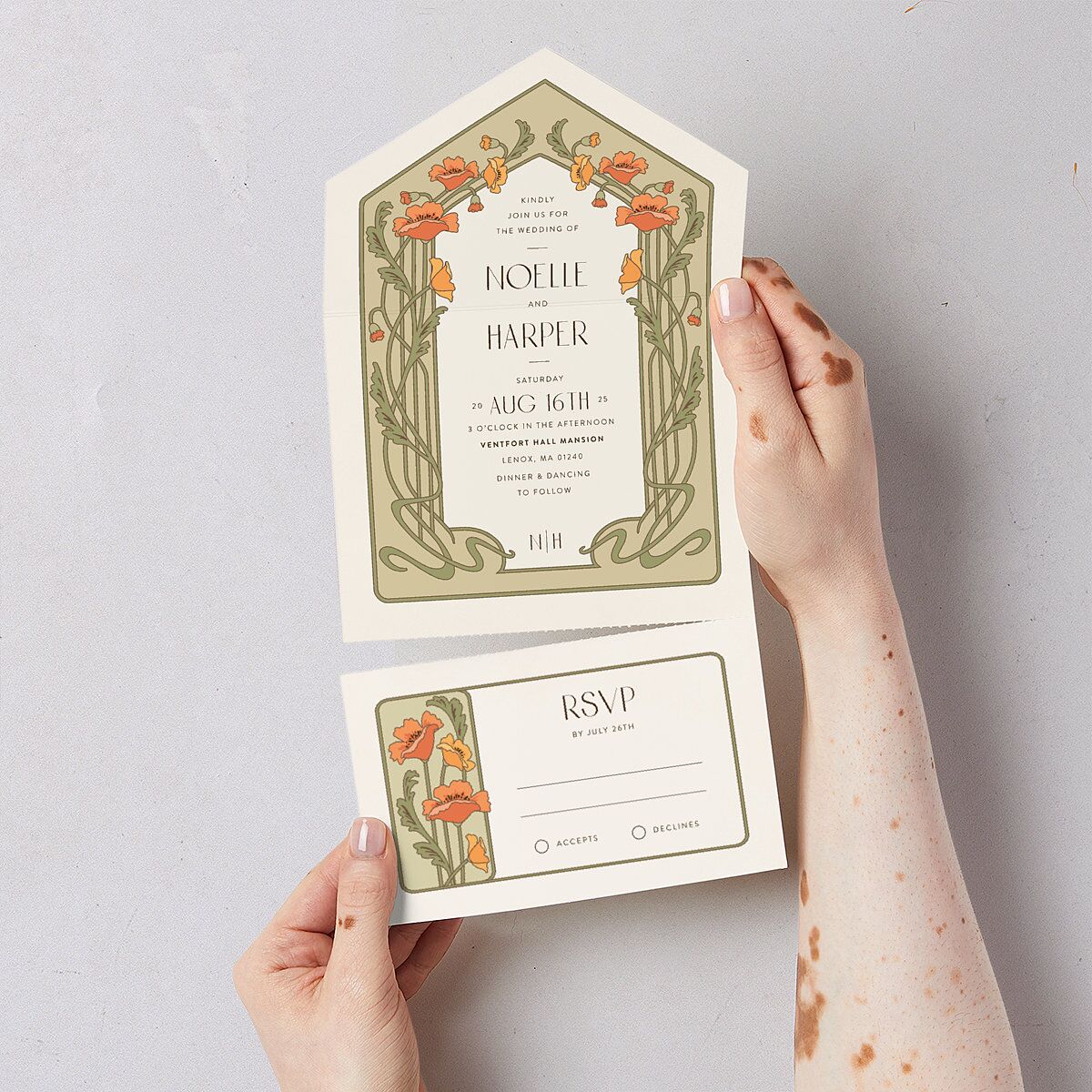 Vintage Nouveau Floral All-in-One Wedding Invitations Pear Signature Light Both Recipient and Return Addresses No