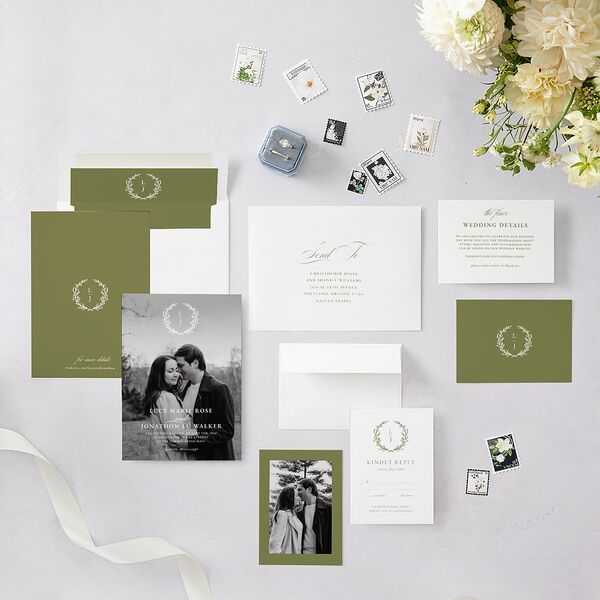 Branches Monogram Wedding Invitations Olive Signature Blank No Standard