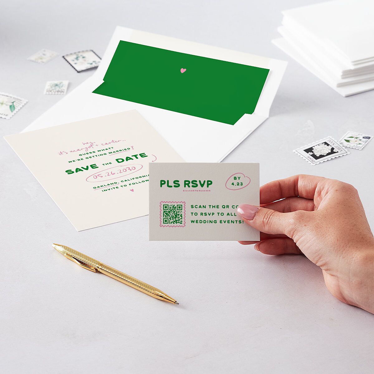Whimsically Retro Handwritten Note QR Code RSVP Cards Kelly Green Signature Standard