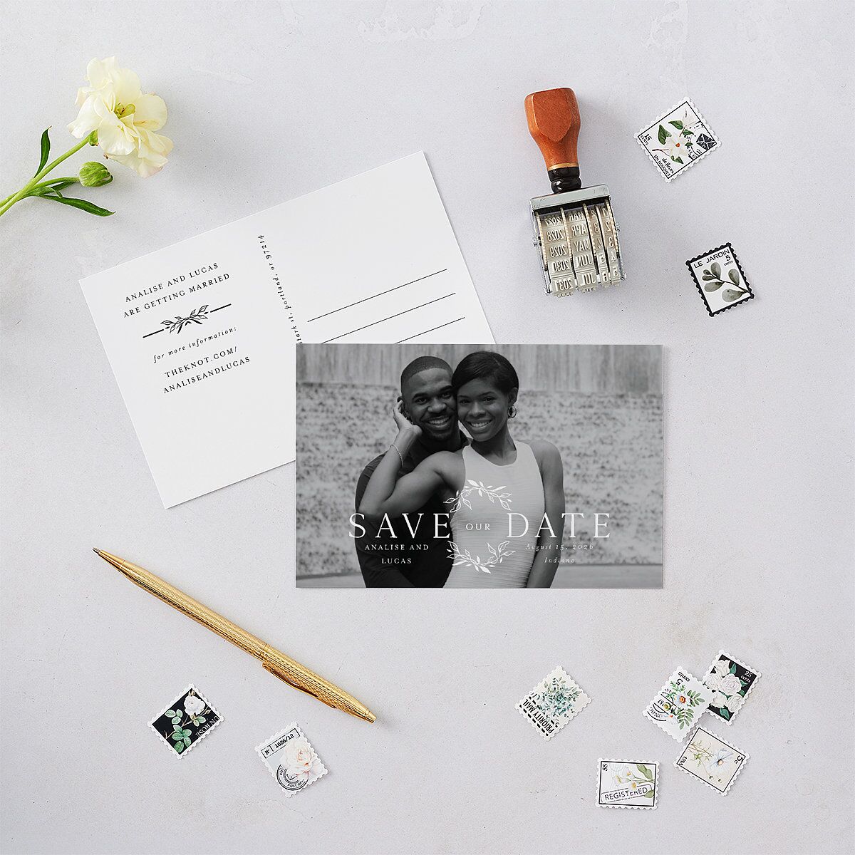 Monogram Leaves Save The Date Postcards  Charcoal
