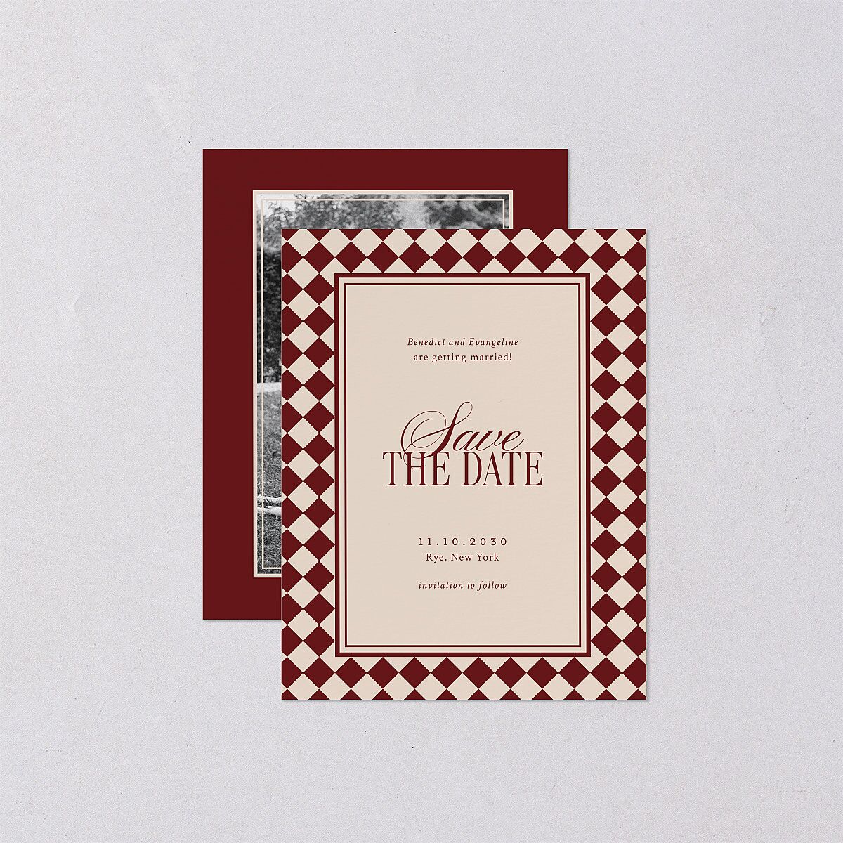 Elegant Diamond Pattern Save the Date Petite Cards Burgundy Signature smooth Blank No Standard