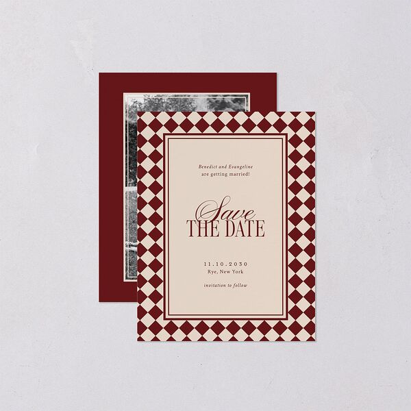 Elegant Diamond Pattern Save the Date Petite Cards Burgundy Signature smooth Blank No Standard