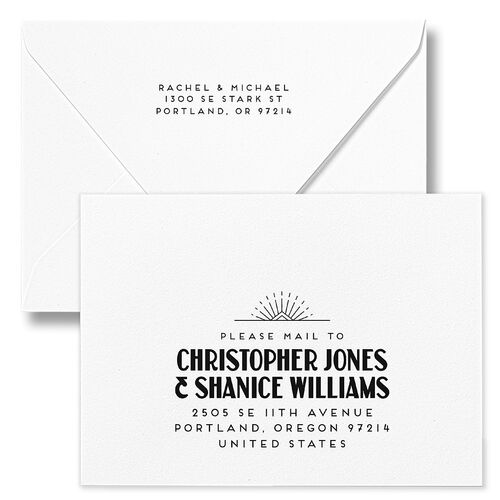 Vintage Art Deco Photo Save The Date Card Euro Envelopes Off-White White Both Recipient and Return Addresses Luxe Signature