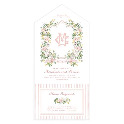 Maximalist Floral Crest All-in-One Wedding Invitations Pink Cotton Signature Light Both Recipient and Return Addresses No