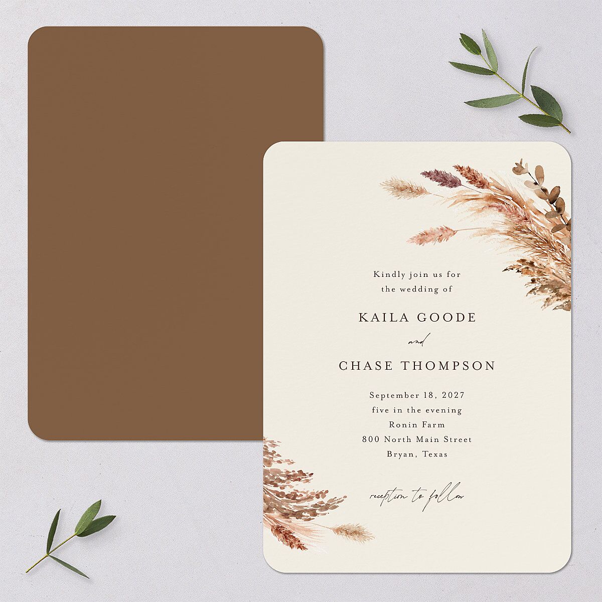 Soft Pampas Botanical Wedding Invitations Sepia Signature Blank No Rounded