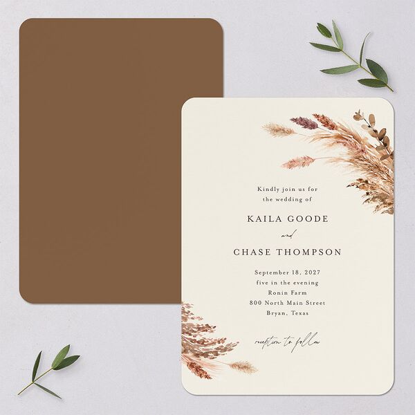 Soft Pampas Botanical Wedding Invitations Sepia Signature Blank No Rounded