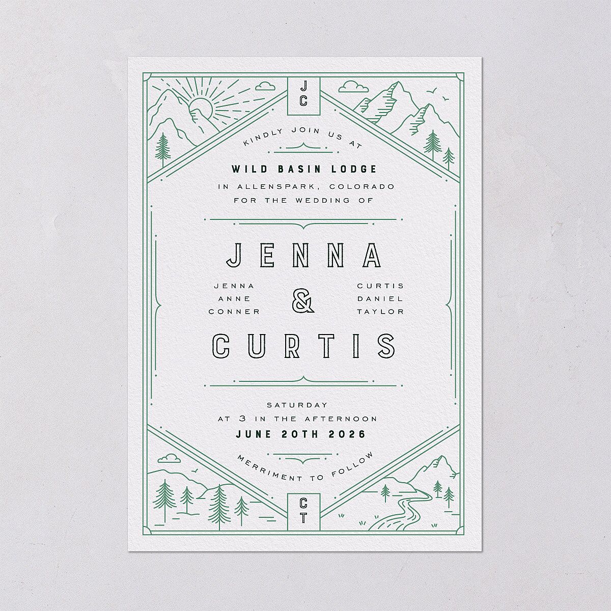 Iconic Mountain Wedding Invitations Dark Green Signature Blank No Standard