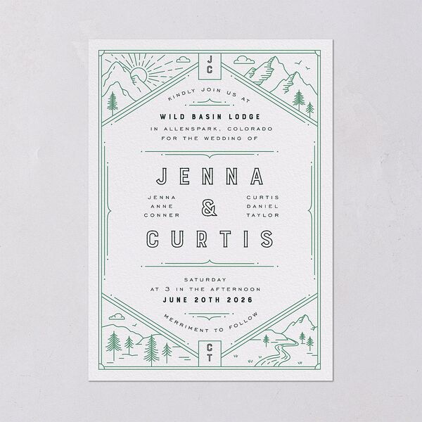 Iconic Mountain Wedding Invitations Dark Green Signature Blank No Standard