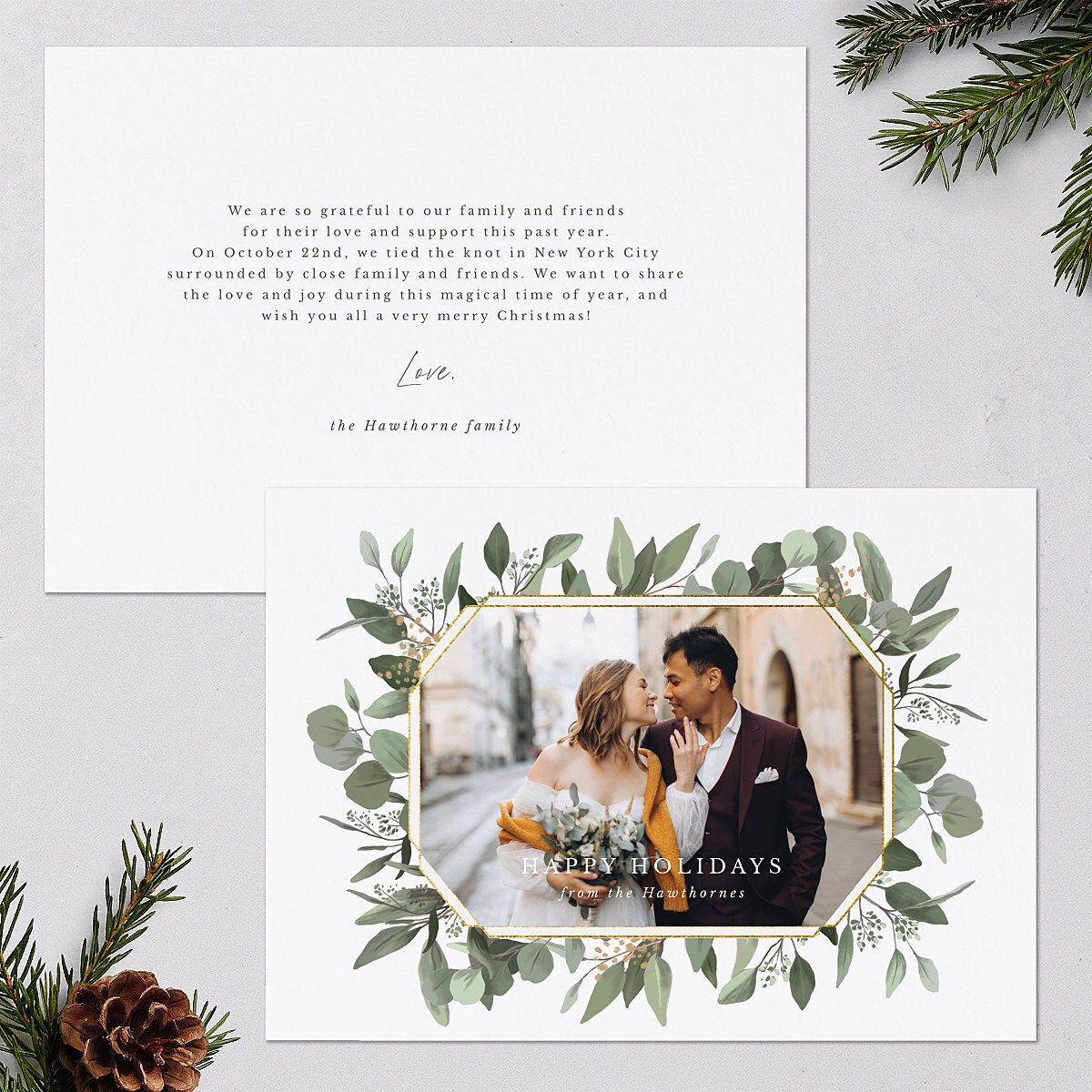 Holiday Eucalyptus Holiday Cards Pure White Signature Blank Landscape Standard